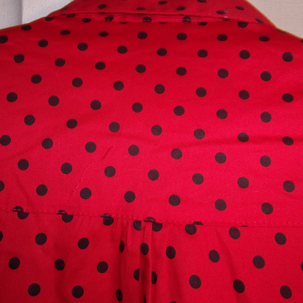 Red and Black Polka Dot Short Sleeve Button Down Blouse - Picture 6 of 8